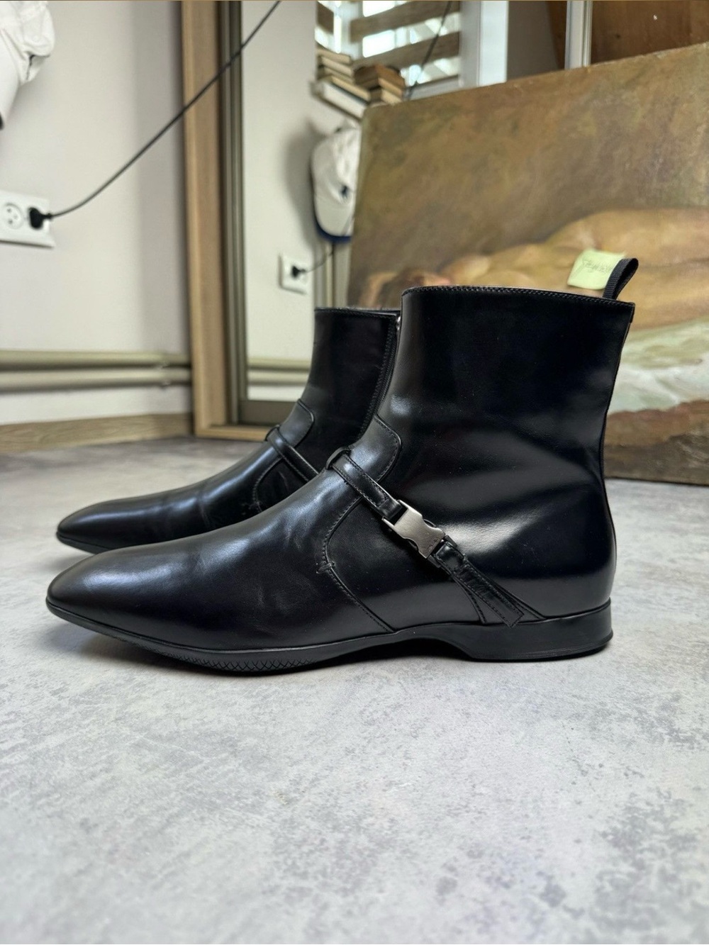 Prada Black Leather Chukka Boots with Side Buckle